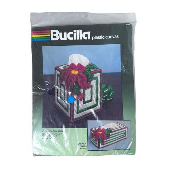 Bucilla 3D Poinsettia Tissue Box Cover Plastic Canvas Kit Vintage 90s 61042 New - Picture 1 of 6